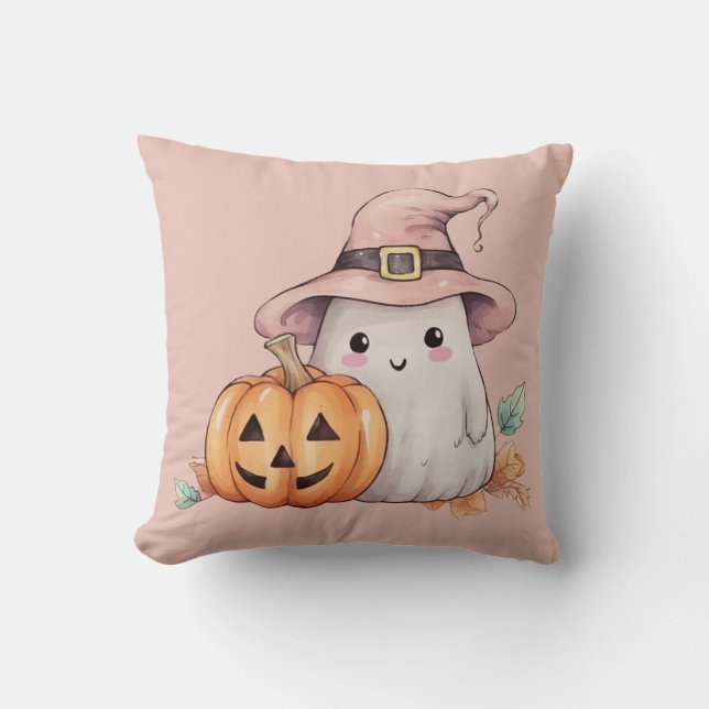 Ghost Witches Hat Pumpkin Light Pink Halloween Throw Pillow (Front)