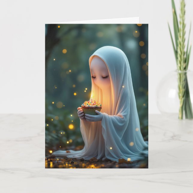 Ghost With a Birthday Cupcake Card (Front)