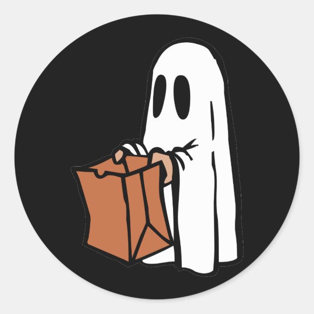 Ghost with Bag Trick or Treating on Black Classic Round Sticker (Front)