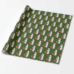 Ghost with Bag Trick or Treating on Dark Green  Wrapping Paper