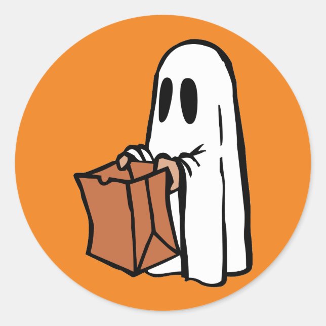 Ghost with Bag Trick or Treating on Orange Classic Round Sticker (Front)