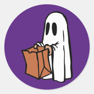 Ghost with Bag Trick or Treating on Purple Classic Round Sticker