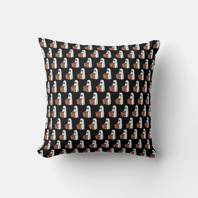 Ghost with Bag Trick or Treating Throw Pillow (Front)