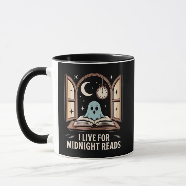 Ghost with Book Midnight Reads Cream and Gold Mug (Left)