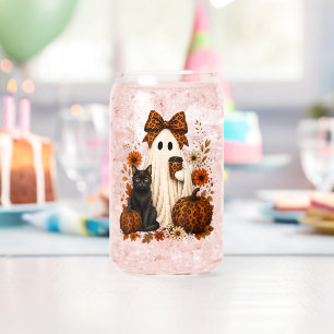 Ghost with Coffee Black Cat Halloween Can Glass
