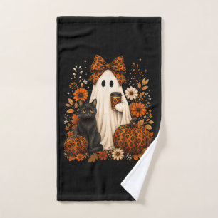 Ghost with Coffee Black Cat Halloween Hand Towel