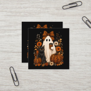 Ghost with Coffee Black Cat Halloween Square Business Card