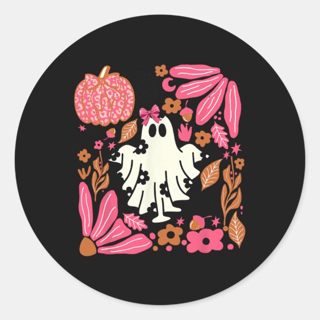 Ghost With Flowers Halloween Floral Ghost Hand Dra Classic Round Sticker (Front)