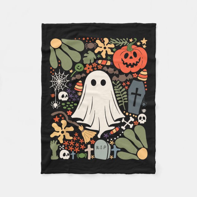 Ghost With Flowers Halloween Floral Pumpkin Ghost  Fleece Blanket (Front)