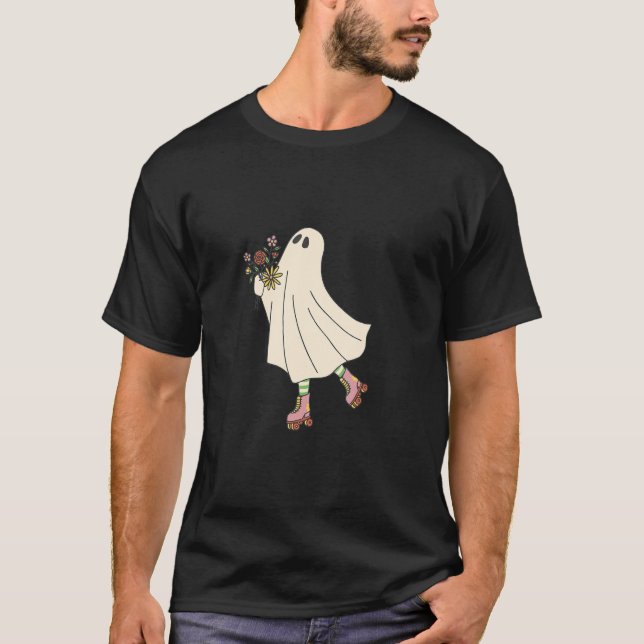 Ghost with flowers roller skating fanny halloween T-Shirt (Front)
