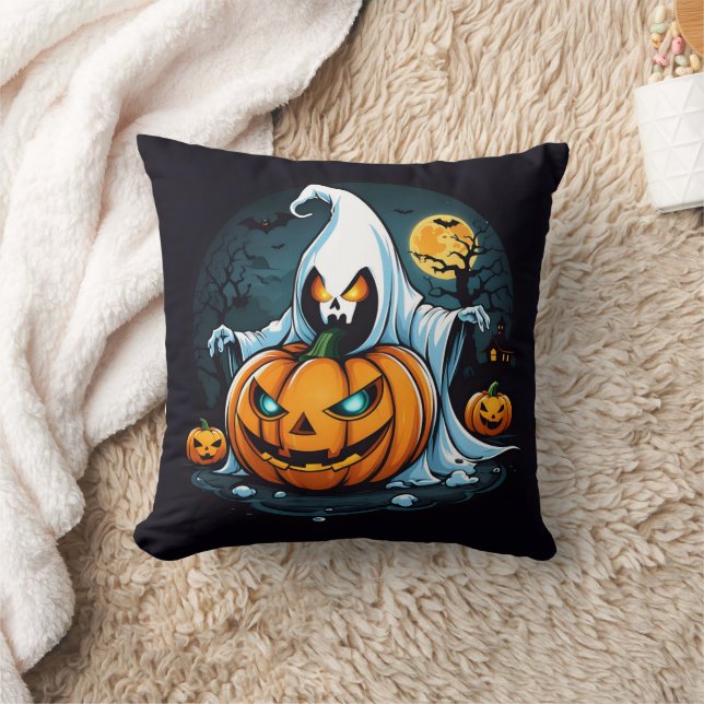 Ghost with glowing pumpkins on Halloween Throw Pillow (Blanket)