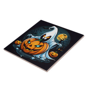 Ghost with glowing pumpkins on Halloween Tile