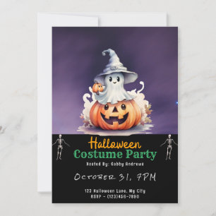 Ghost with Grey Witches Hat Black Halloween Invitation
