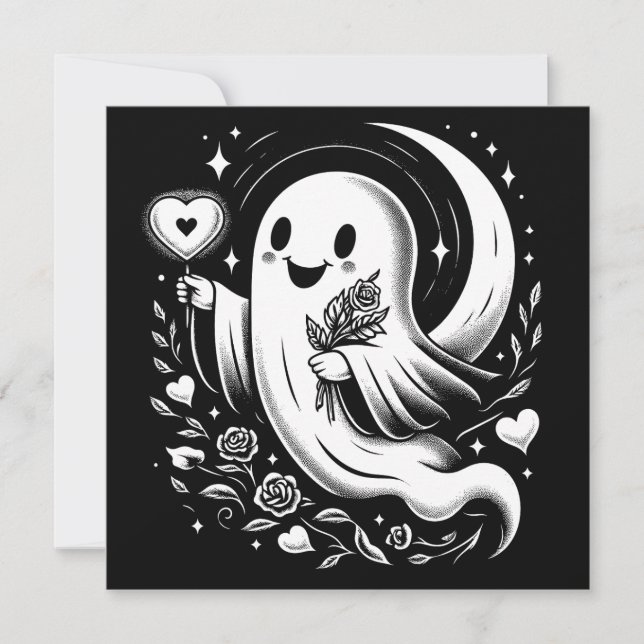 Ghost with Heart and Roses Cute Spooky Valentine Card (Front)