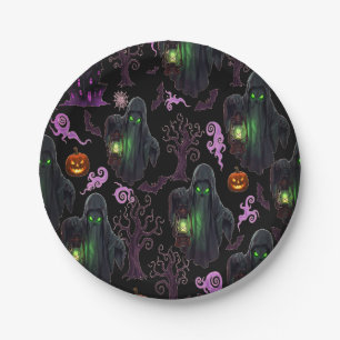 Ghost with Lantern and Green Eyes Paper Plate