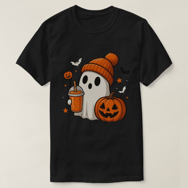 Ghost with Pumpkin Spice Drink Design T-Shirt (Design Front)