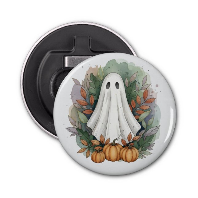 Ghost with Pumpkins and Autumn Leaves Bottle Opener (Front)