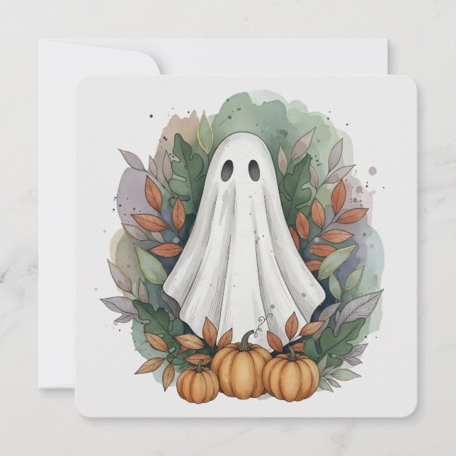 Ghost with Pumpkins and Autumn Leaves Flat Card (Front)