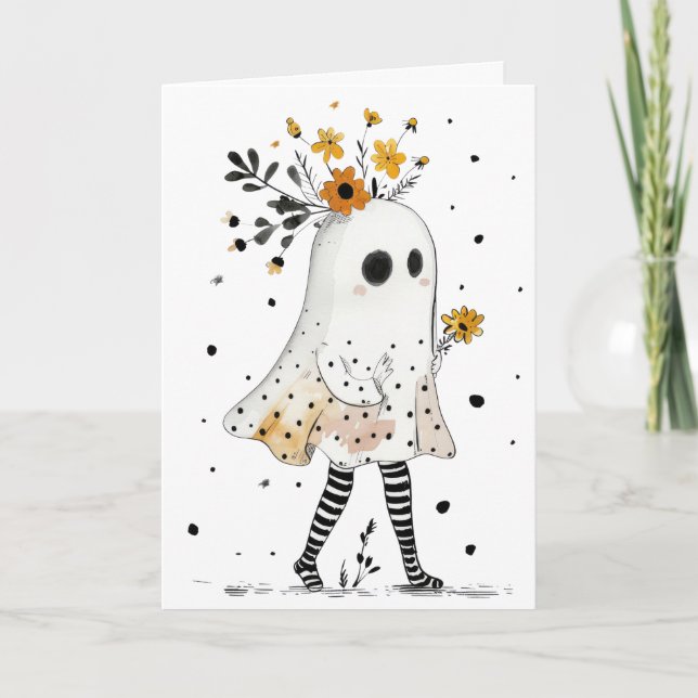 Ghost with Sunflowers Whimsical Happy Halloween  Card (Front)