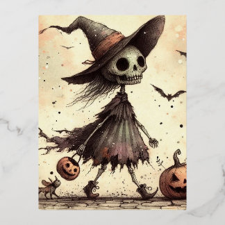 Ghost with witch hat Halloween Foil Holiday Postcard