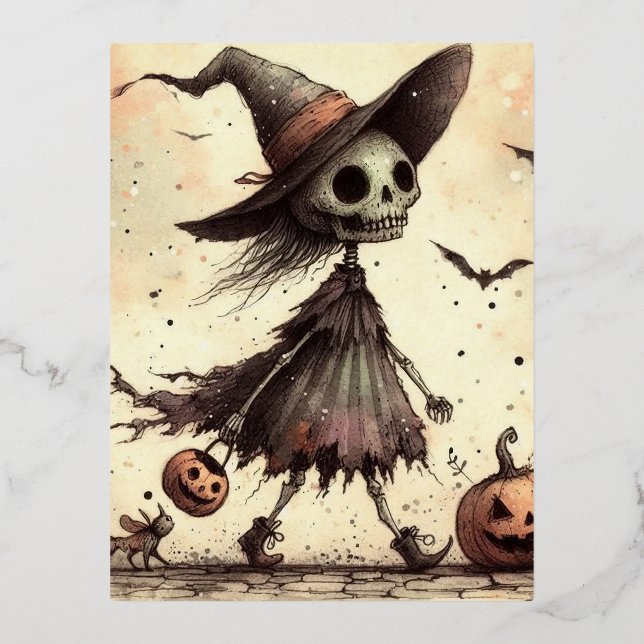 Ghost with witch hat Halloween Foil Holiday Postcard (Front)