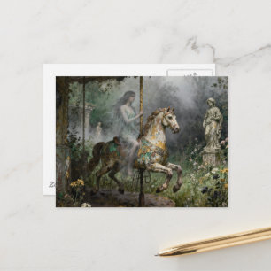 Ghost Woman on Abandoned Carousel in Garden Postcard
