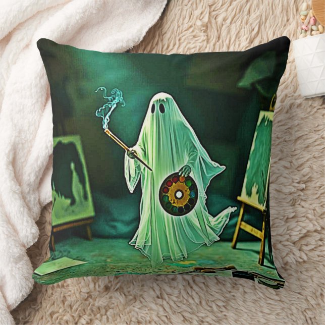 Ghostly Artist's Eerie Masterpiece Throw Pillow (Blanket)