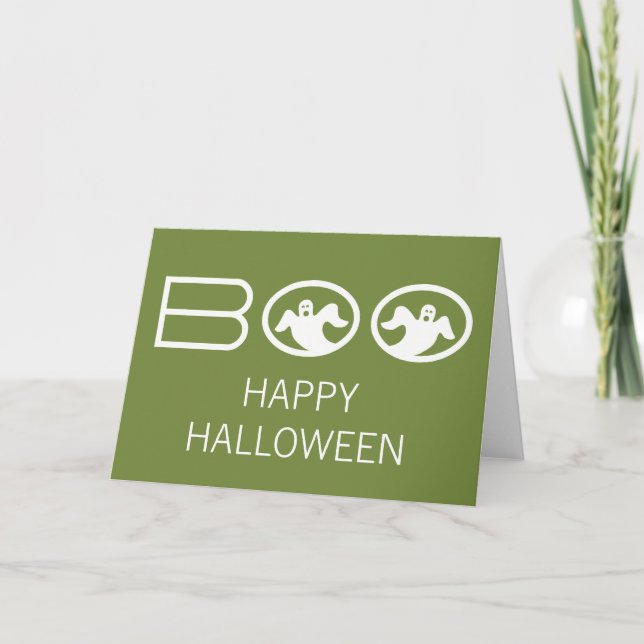 Ghostly Boo Halloween Card, Green and White Card (Front)