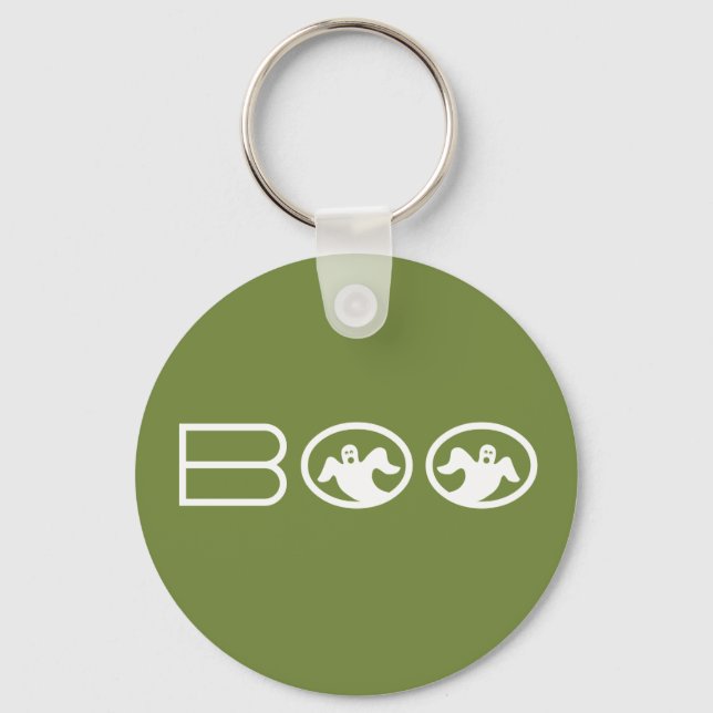 Ghostly Boo Halloween Keychain, Green and White Keychain (Front)