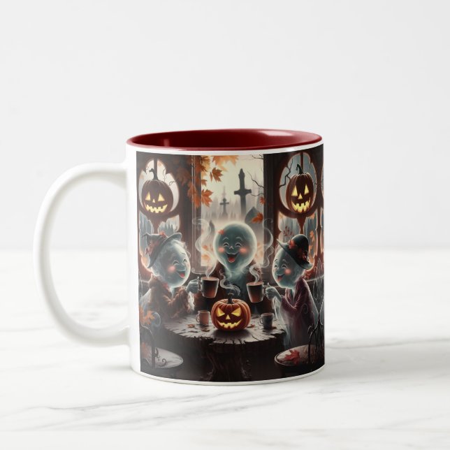 Ghostly Coffee Break Halloween Two-Tone Coffee Mug (Left)