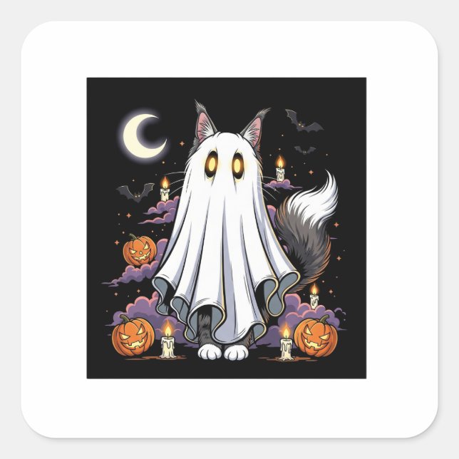Ghostly Coon – Fluffy Maine Coon Halloween Square Sticker (Front)