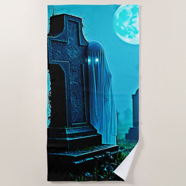 Ghostly Figure in a Graveyard Design Beach Towel (Front)