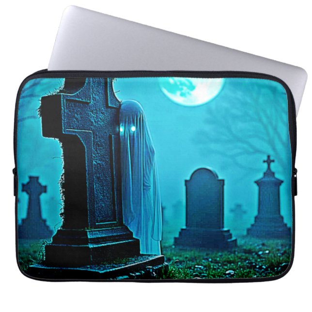 Ghostly Figure in a Graveyard Design Laptop Sleeve (Front)