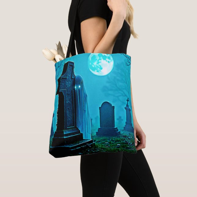 Ghostly Figure in a Graveyard Design Tote Bag (Close Up)
