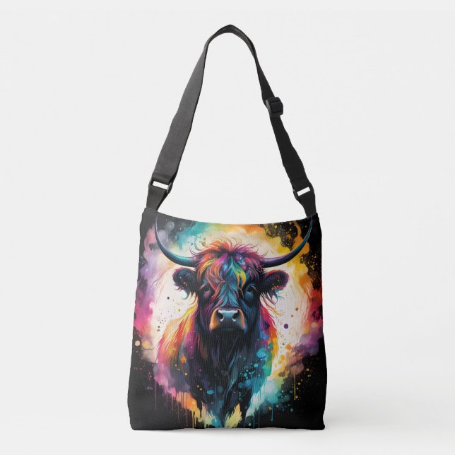 Ghostly Grace: Spectral Holographic Highland Cow, Crossbody Bag (Front)