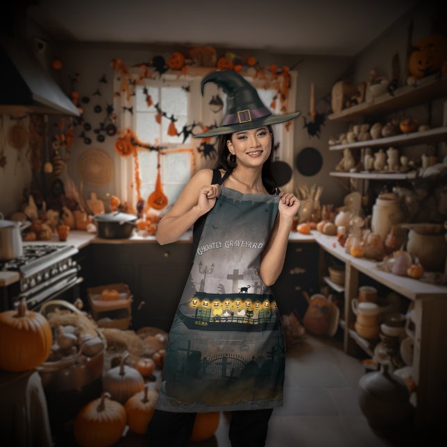 Ghostly Graveyard Cruise Apron (A woman wears a Ghost Graveyard Cruise apron in her kitchen.)