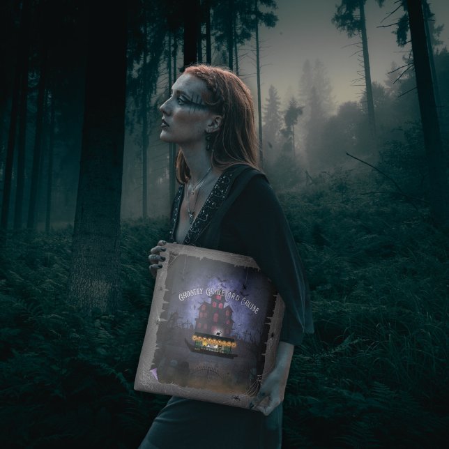 Ghostly Graveyard Cruise Tote Bag (A woman holds a Ghostly Graveyard Cruise Tote Bag in the forest.)
