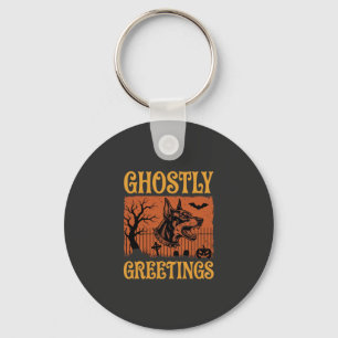Ghostly Greetings Halloween Doberman Cemetery Desi Keychain