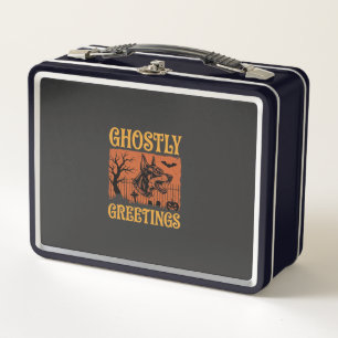 Ghostly Greetings Halloween Doberman Cemetery Desi Metal Lunch Box
