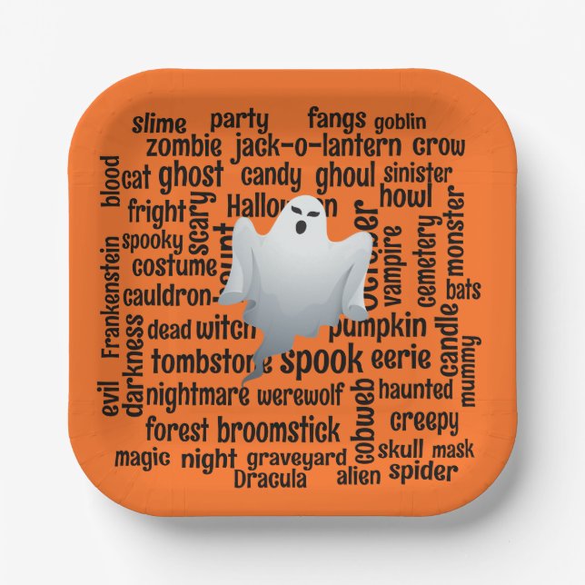 Ghostly Halloween Word Cloud Paper Plate (Front)