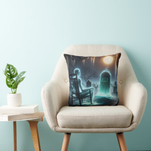 Ghostly Man Sitting In a Cemetery Throw Pillow