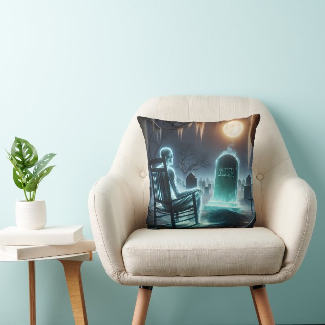 Ghostly Man Sitting In a Cemetery Throw Pillow (Chair)