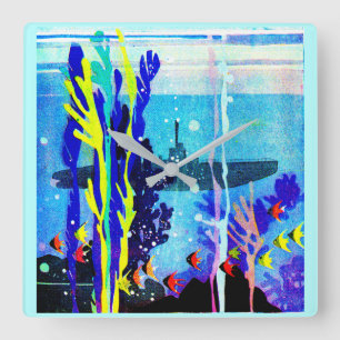 ghostly submarine in tropical waters square wall clock