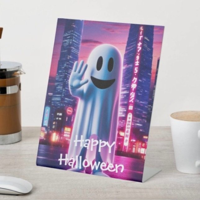 Ghostly Wave & Urban Lights Pedestal Sign (D: 8" x 10" display with 3" pedestal base. Available in 4 sizes Made of 1/16" white plastic.
)