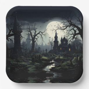 Ghostly Witches Manor Halloween Paper Plate