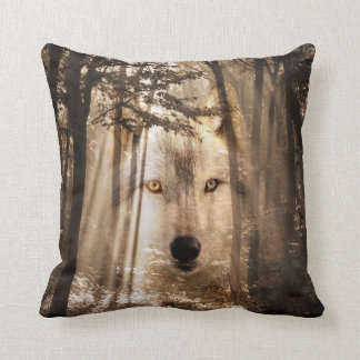 Ghostly wolf face in the woods throw pillow