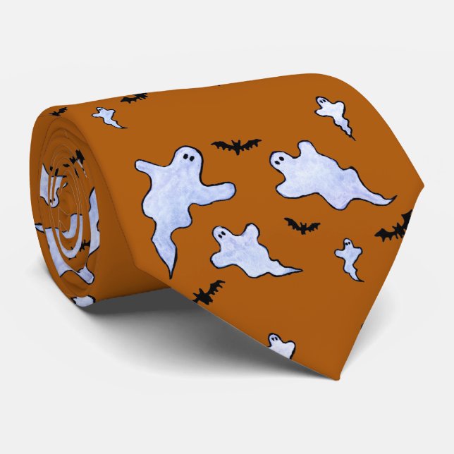 Ghosts and Bats Halloween Tie (Rolled)
