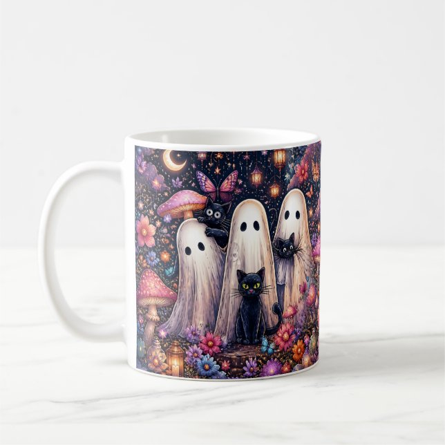 Ghosts and Black Cats Halloween Coffee Mug (Left)