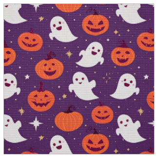 Ghosts and pumpkins on purple fabric