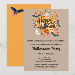 Ghosts Bats Candy Corn Halloween Pumpkin Party Invitation